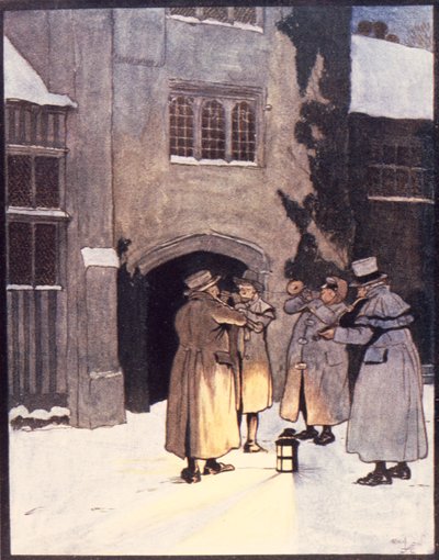 「彼らは家の中を歩き回って、窓の下で遊んだ」、ワシントン・アーヴィングの「オールド・クリスマス」（1783-1859）のイラスト、ホダーとストートンから出版、1908 作： Cecil Charles Windsor Aldin
